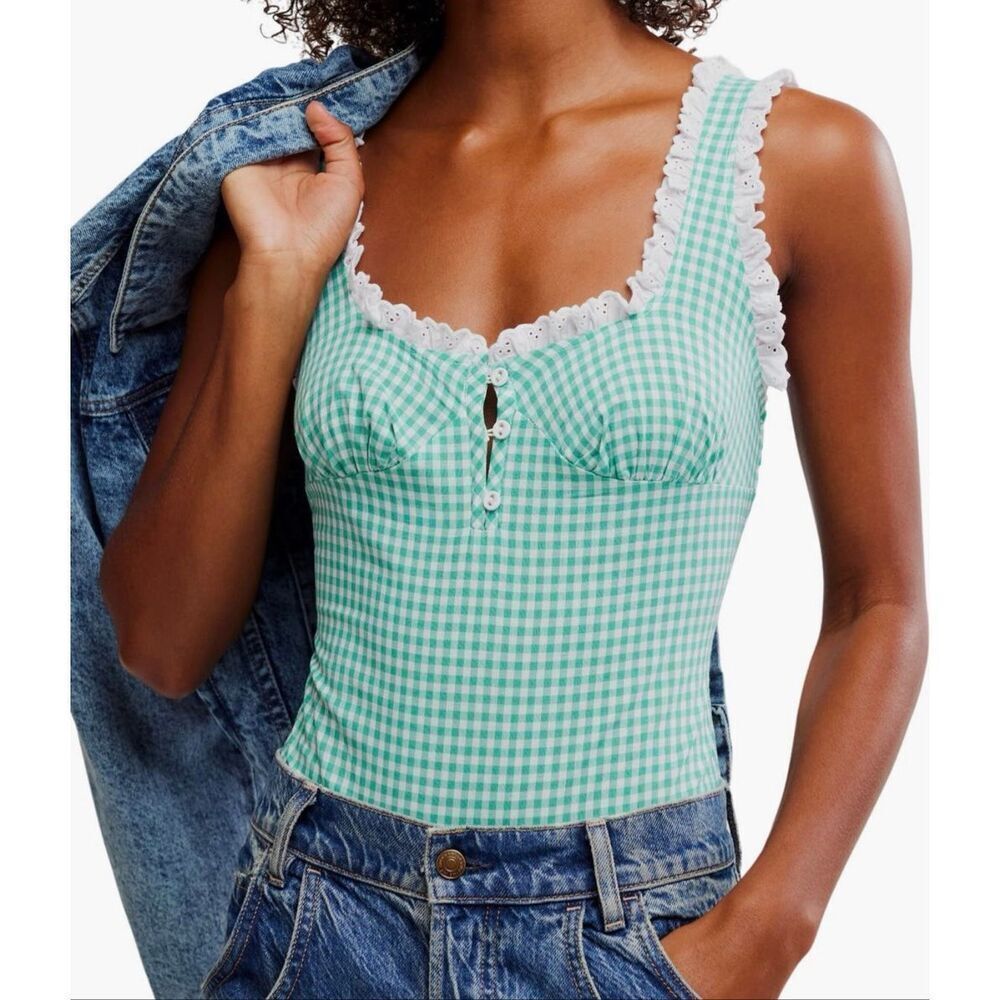 Free People Cassie Gingham Ruffle cotton Bodysuit size XS NWT